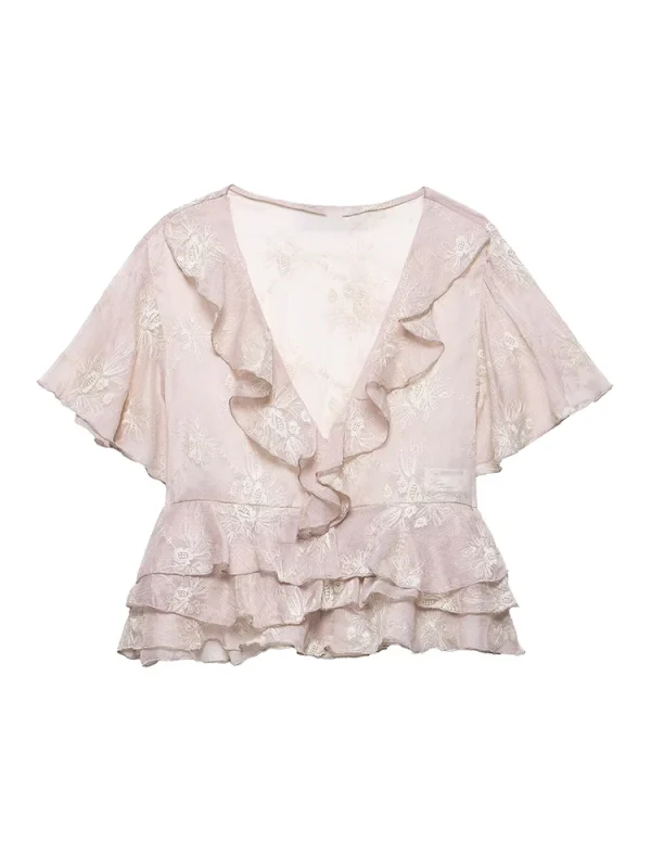 Yaphleet Women Sweet Flower Embroidery V Neck Blouses 2025 Fashion Ladies Ruffles Cascading Short Tops for Female Chic Shirts